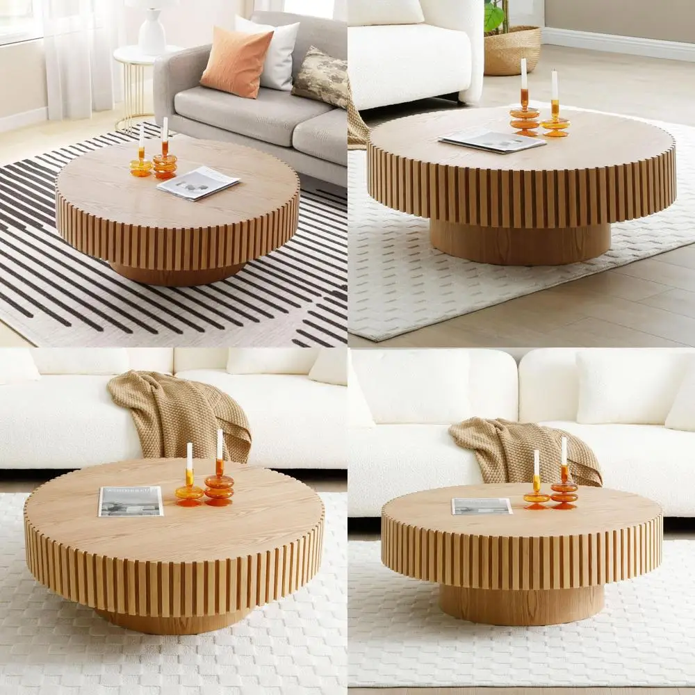 طاولة قهوة حديثة على طراز المزرعة من خشب البلوط بتصميم دائري وتفاصيل مصنوعة يدويًا لغرفة المعيشة #1