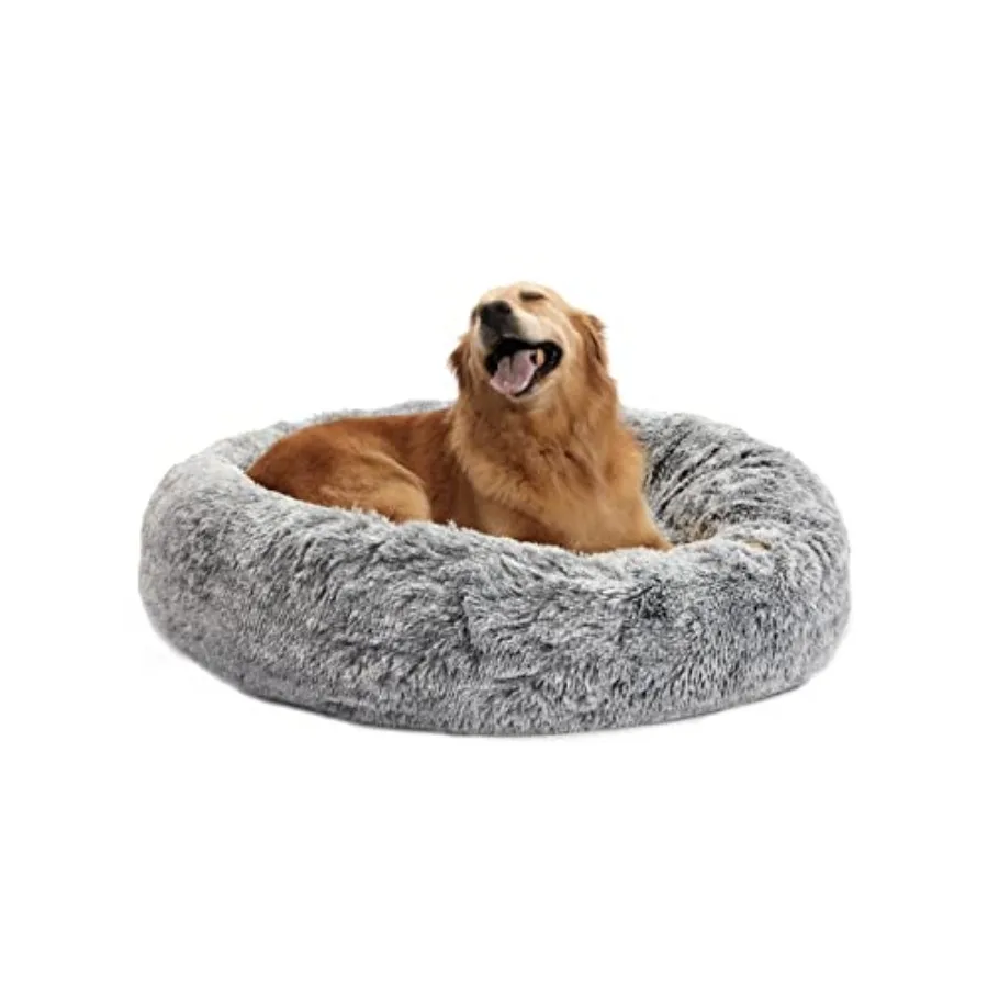 

Calming Donut Dog Bed, 36 Inches Round Fluffy for Large Dogs, Anti-Anxiety Plush, Machine Washable Dark Grey, Large