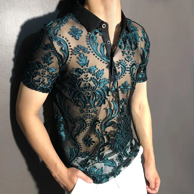 Transparent Blue retro court Floral polo Masculine Soft Velvet Slim Men's Clothing Nightclub Short-sleeved Sexy polo See Through