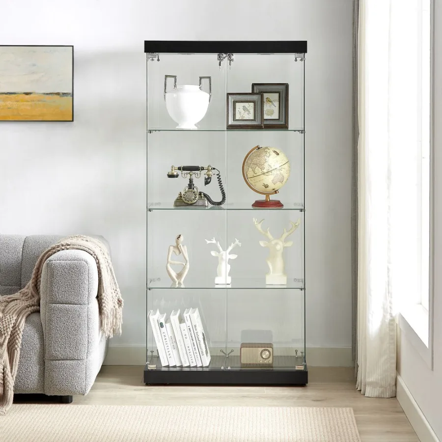 

4Tier Glass Display Cabinet Double Door Glass Cabinet Four Partitions Two Locks Floor Standing Storage Cabinet for Living Room