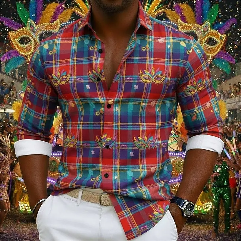 Mardi Gras Men's Graphic Mask Shirt Button Up Shirt Long Sleeve Hawaiian Casual Comfortable Holiday Streetwear Spring & Fall
