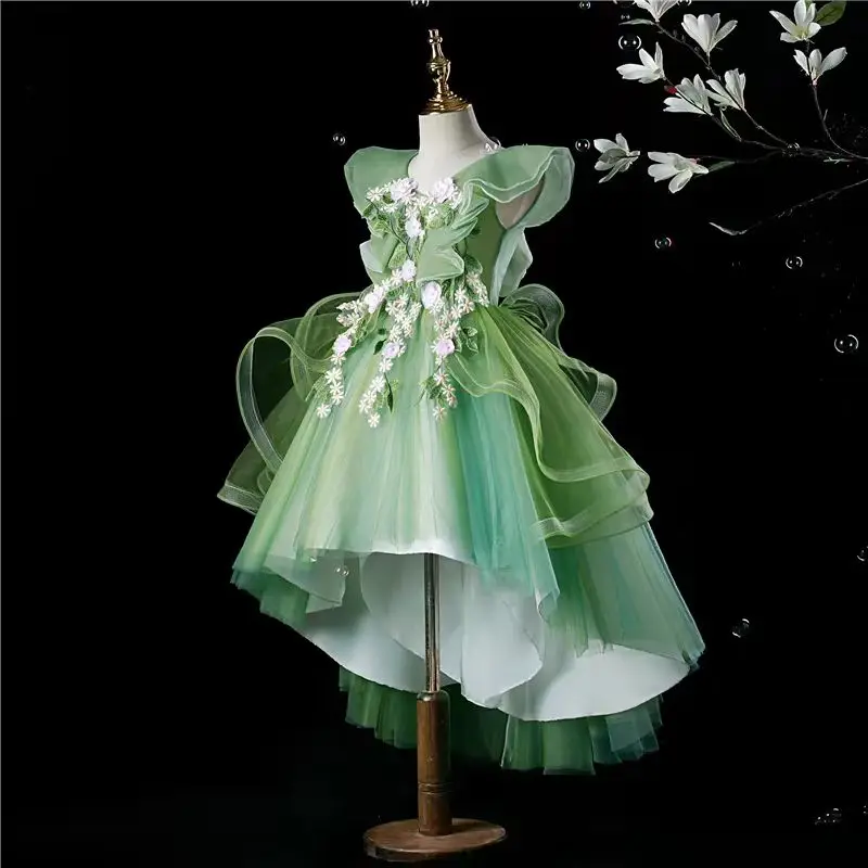 Dreamy Vow elegante vestido verde salvia para niña flores hechas a mano para niños boda cumpleaños fiesta hasta la rodilla vestido de baile J725