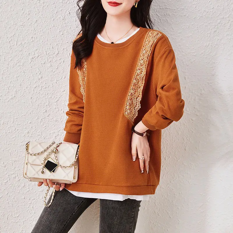 Fashion Lace Patchwork Pullovers Female Clothing Casual Round Neck Spring Autumn Commute Long Sleeve Korean Loose Sweatshirts