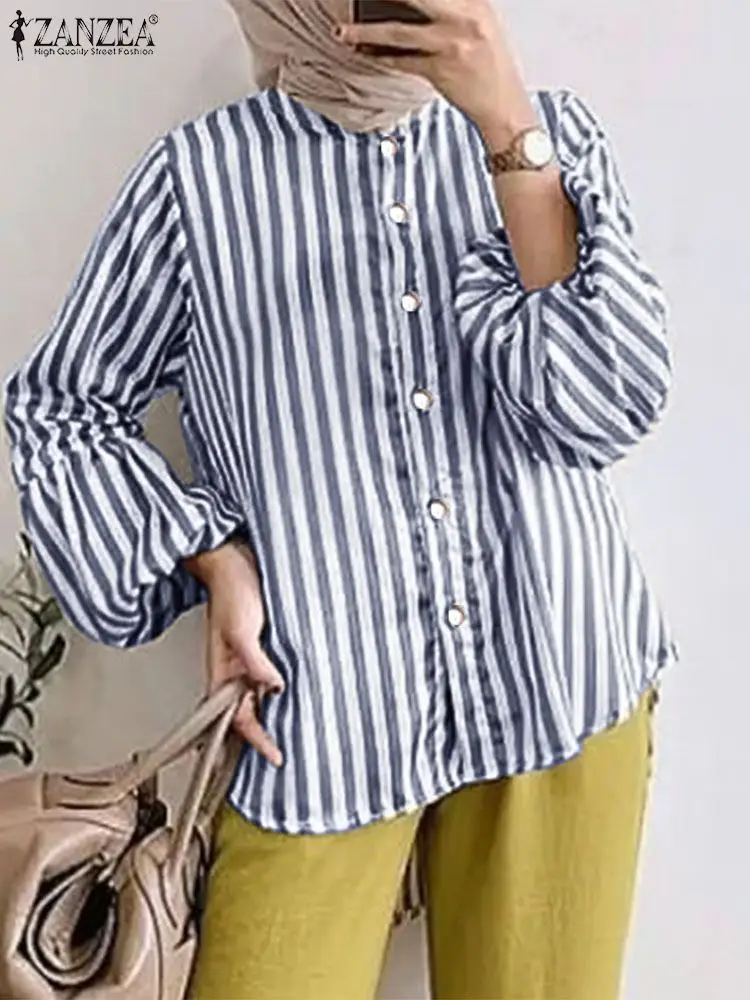 2024 ZANZEA Elegant Long Lantern Sleeve Blouse Autumn Women Striped Shirts Muslim Turkey Hijab Tops Casual Baggy Work Blusas