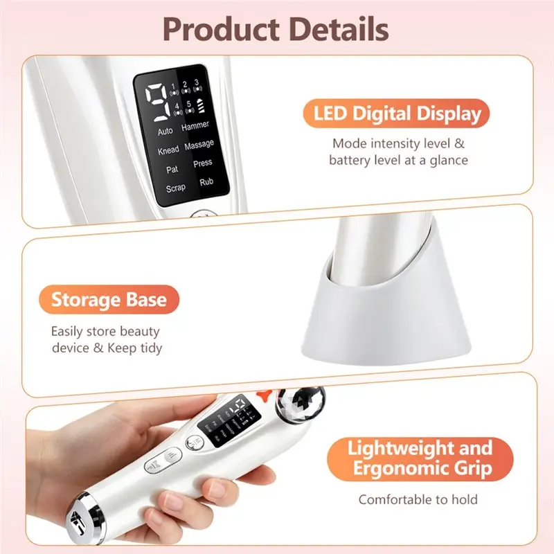 B15C Facial Roller Massager 8 EMS Modes 5 Vibration Red Light 360 Rotating Rollers Eye Area Face Lifting LED Display Base
