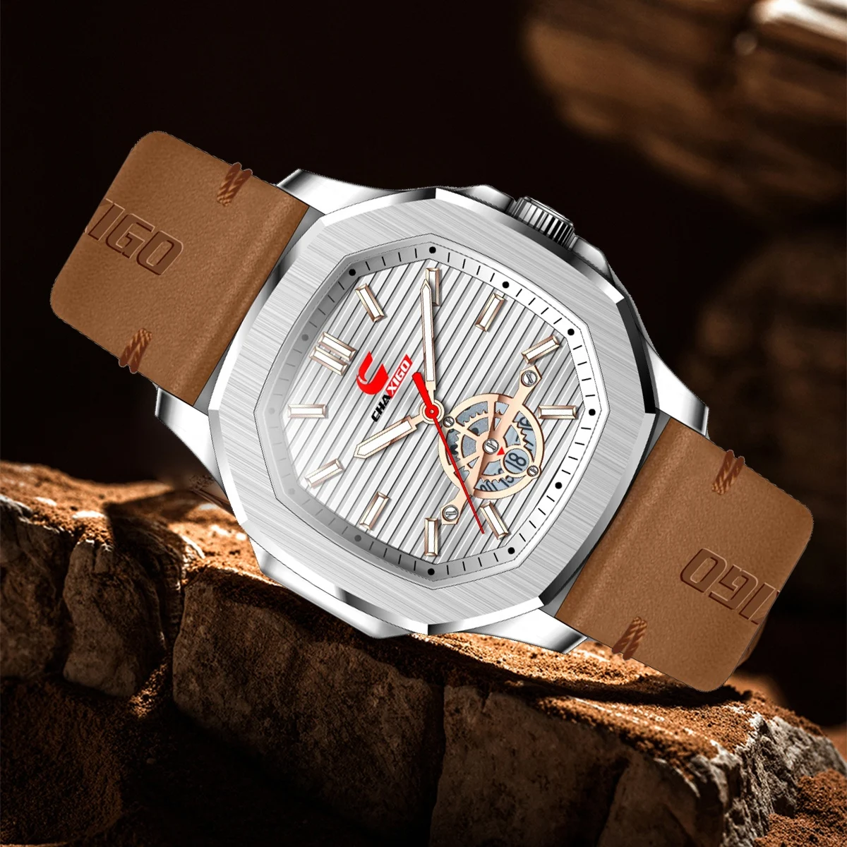 

CHAXIGO Men's Casual Business Watch with Leather Strap, 42.2mm, Luminous Hands, Date, Water Resistance, Screw-Down Crown