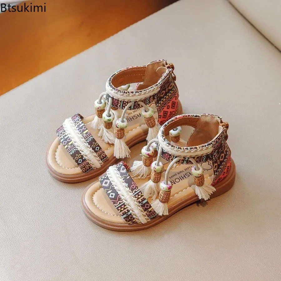 Girls Sandals Ethnic Retro Children Fashion Casual Shoes  2026 Back Zipper Summer New Tassels Sandals Kids Cute Vacation Shoes