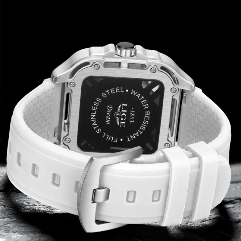 LIGE Hollow Design Mens Watches Square Quartz Wristwatches Luminous Auto Date Watch Men 5ATM Waterproof Silicone Man Wach+Box