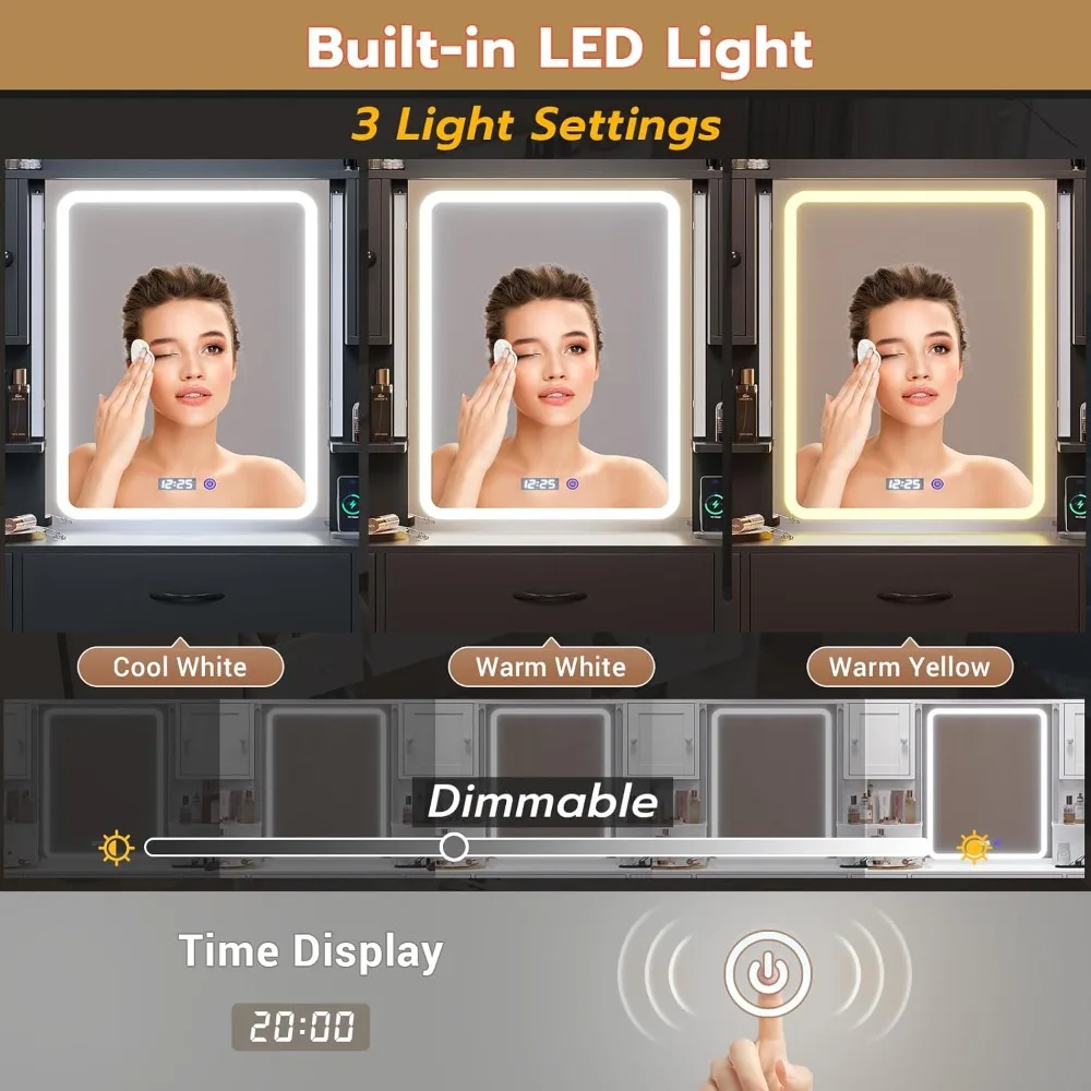 Large Makeup Vanity with Lights, LED Mirror with Digital Time Display & Power Outlet, RGB Ambient Light Vanity Desk