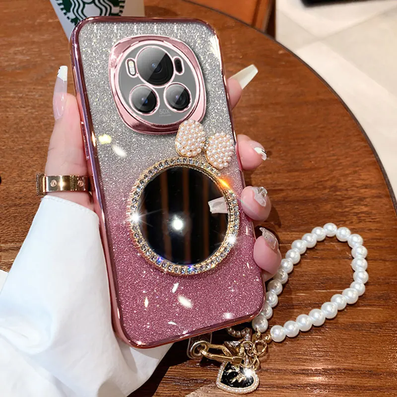 

Magic6 Case with Pearl Lanyard Cover For Honor Magic6 Lite V30 Pro V40 X8 x9a X6 Luxury Bling Glitter Mirror Case Honormagic6