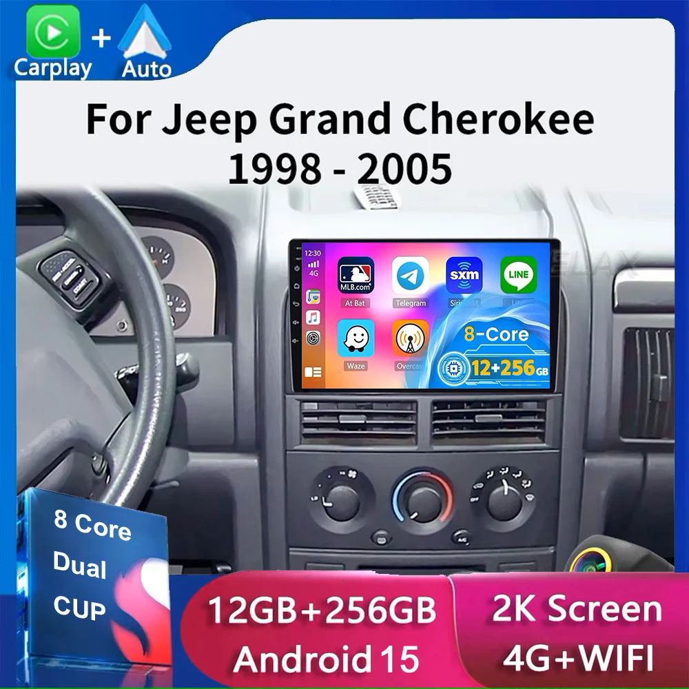 Rádio do carro de android 15 para jeep grand cherokee ii wj 1998-2005 reprodutor de vídeo multimídia estéreo navi gps carplay autoradio auto dsp
