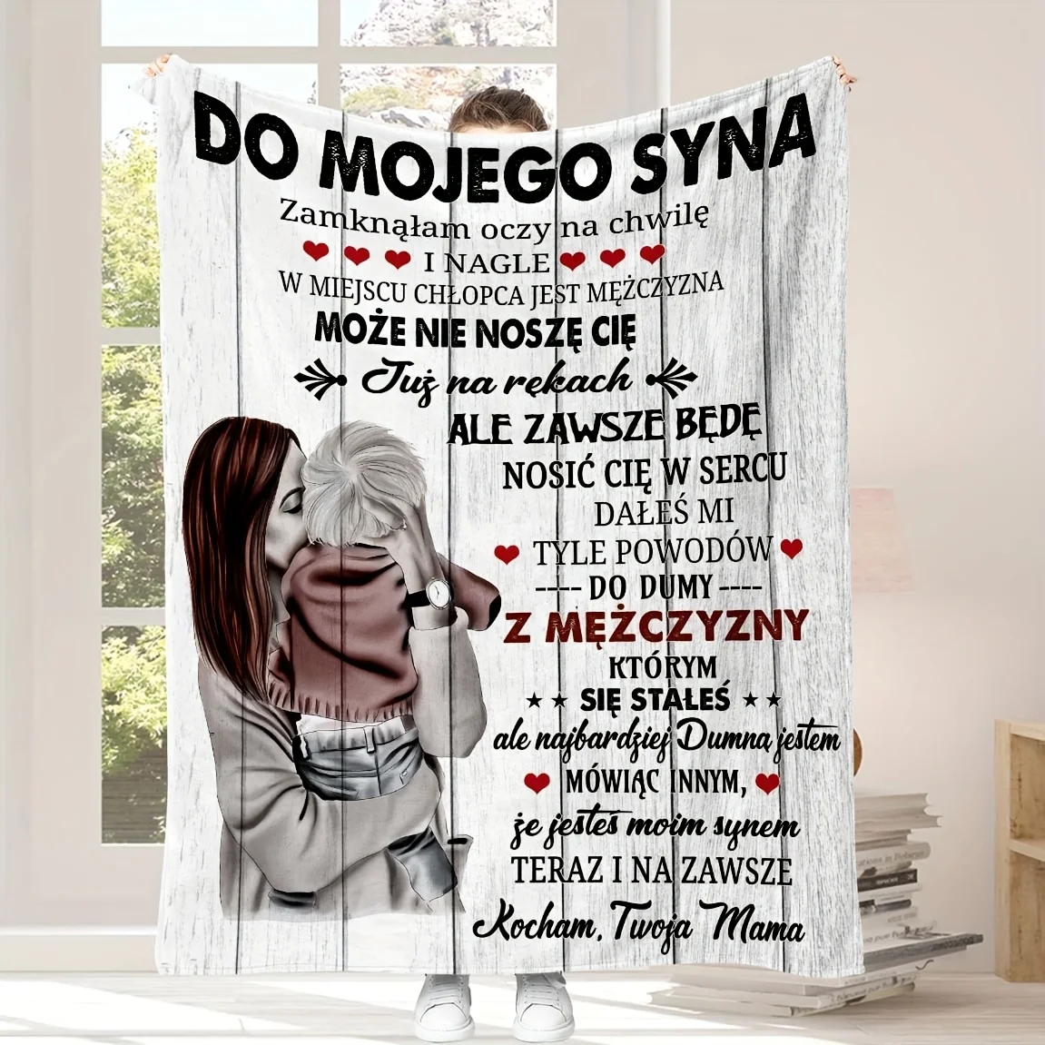 1pc Polish Mother's Encouragement Message to Her Son with Wooden Background and Printed Blanket Elements. Perfect Gift for Famil