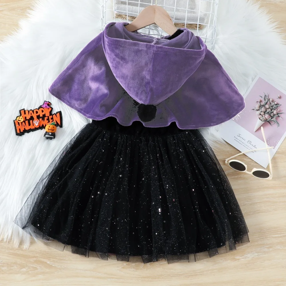 Girls Witch Halloween Costume 2Pcs Set, Sleeveless Sparkly Tulle Dress with Purple Hooded Cloak, Halloween Costume for Kids - view 4