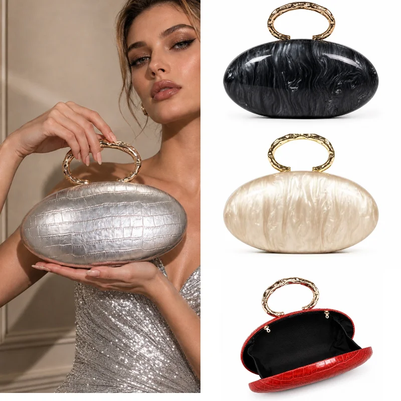 Oval Shape Evening Clutch Bag for Women Metal Circle Handle Croc Pattern Wedding Shell Handbag Detachable Chain Shoulder Bag