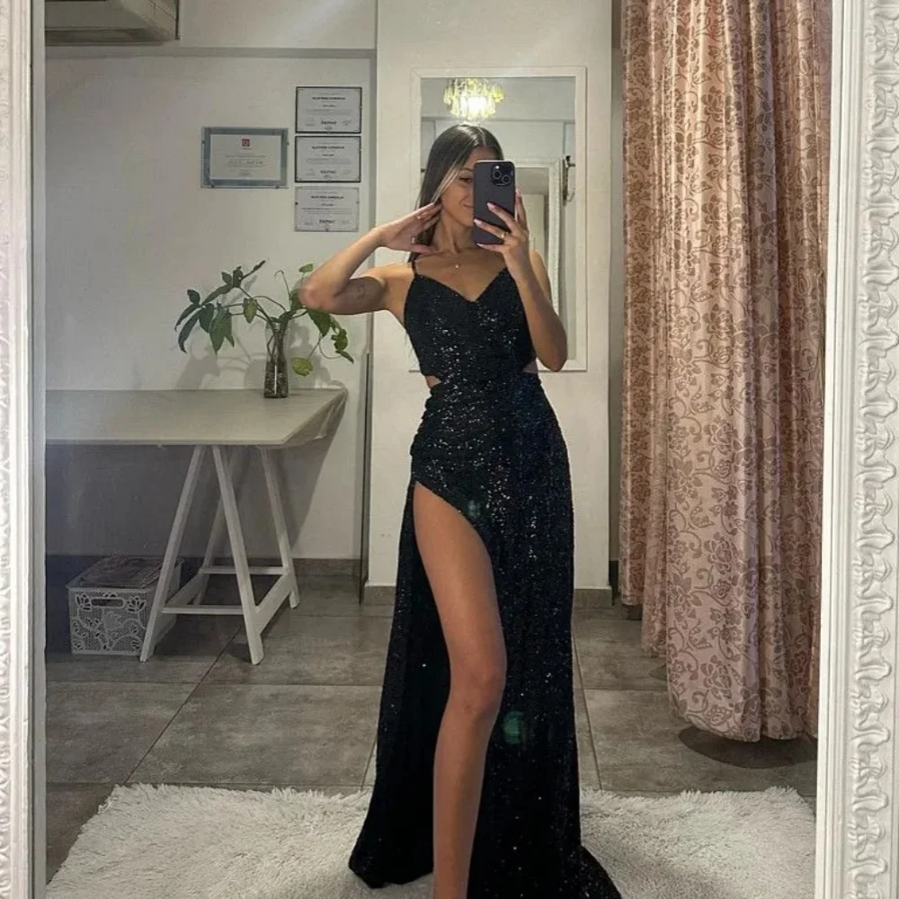 2024 Elegant Sexy Black Mermaid Prom Dress Slit Formal Evening Glitter Sequin Party Dress For Special Ocns Strap Prom Dress