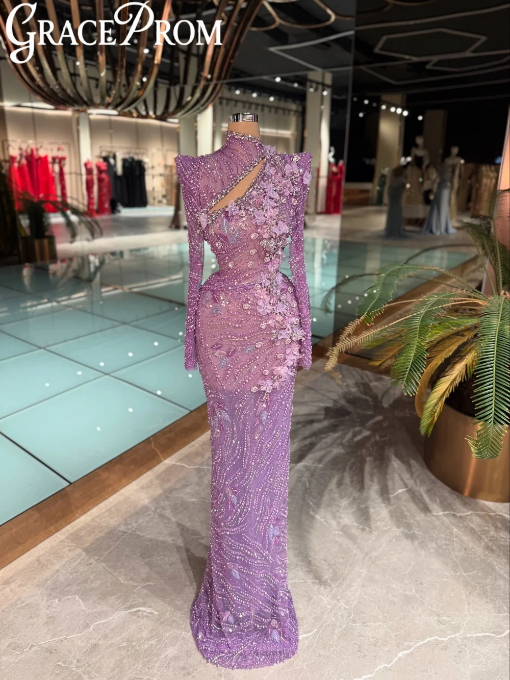 

Purple Illusion Beaded Evening Dress 3D Floral Shinny Crystal Wedding Party Gown Customized Luxury Straight Long Banquet Gowns