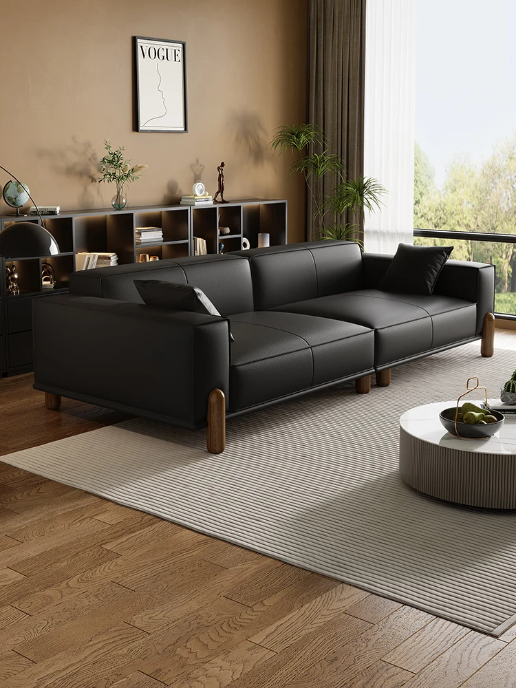 Italian light luxury simple tofu block big black cow real cowhide sofa straight row living room size apartment