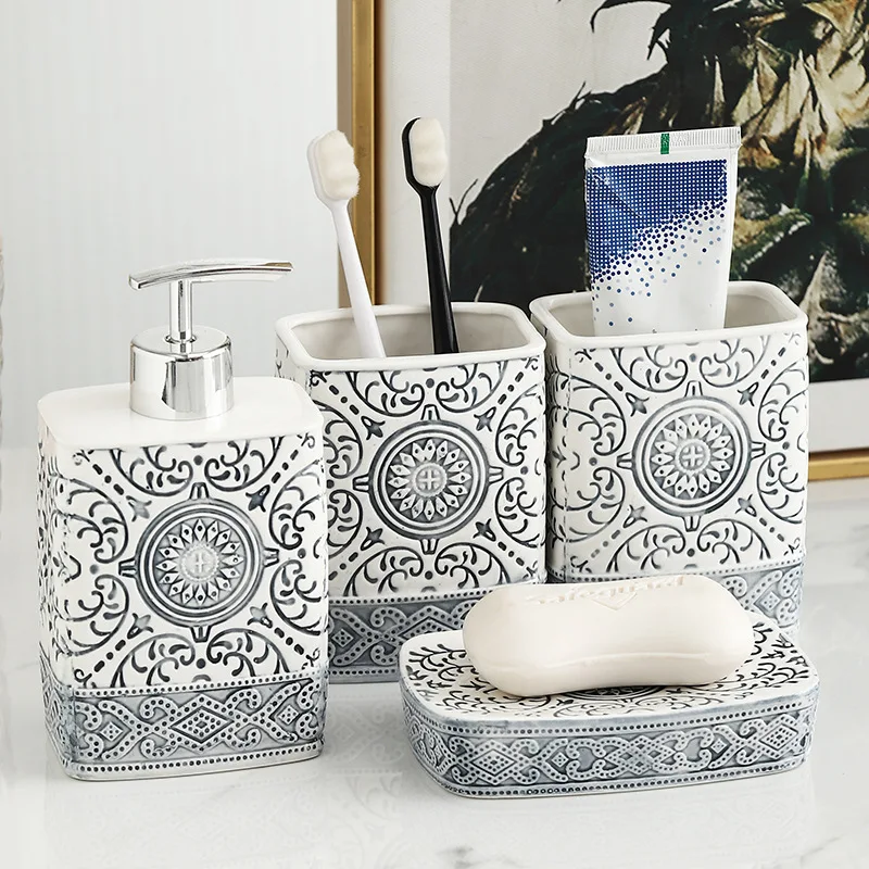 Bohemian Style Ceramic Bathroom Group Square Lotion Bottle High Color Mouthwash Cup Personality Toothbrush Cartridge