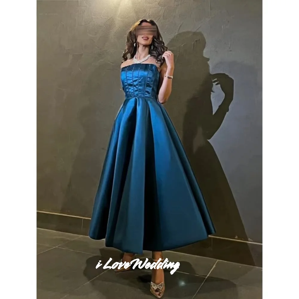 

Blue Strapless Evening Dress 2025 Satin Sleeveless Backless A-Line Pleated Ankle-Length Pleated Wedding Party Dresses Customized