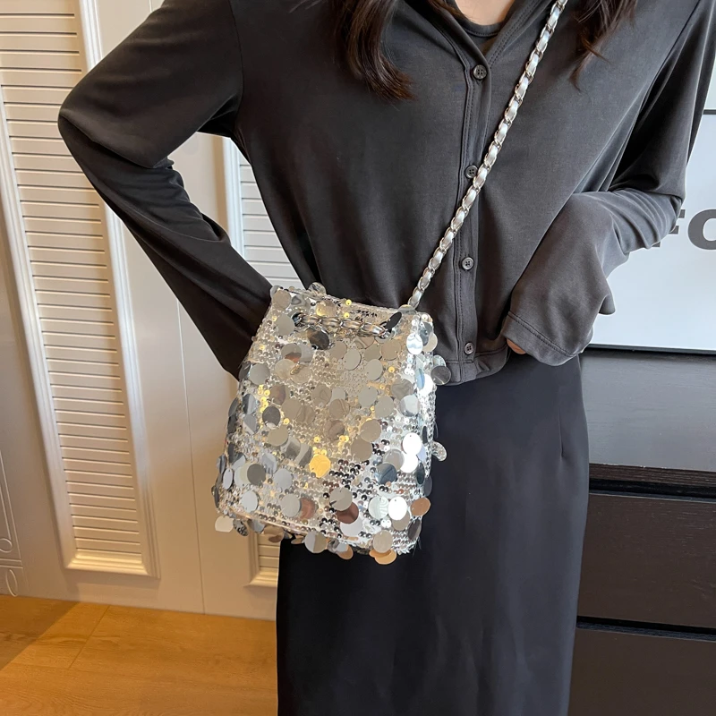 LEFTSIDE Sequin Shiny Crossbody Bags for Women 2023 Luxury Designer Korean Fashion Handbags and Purses Trend Chain Bucket Bag