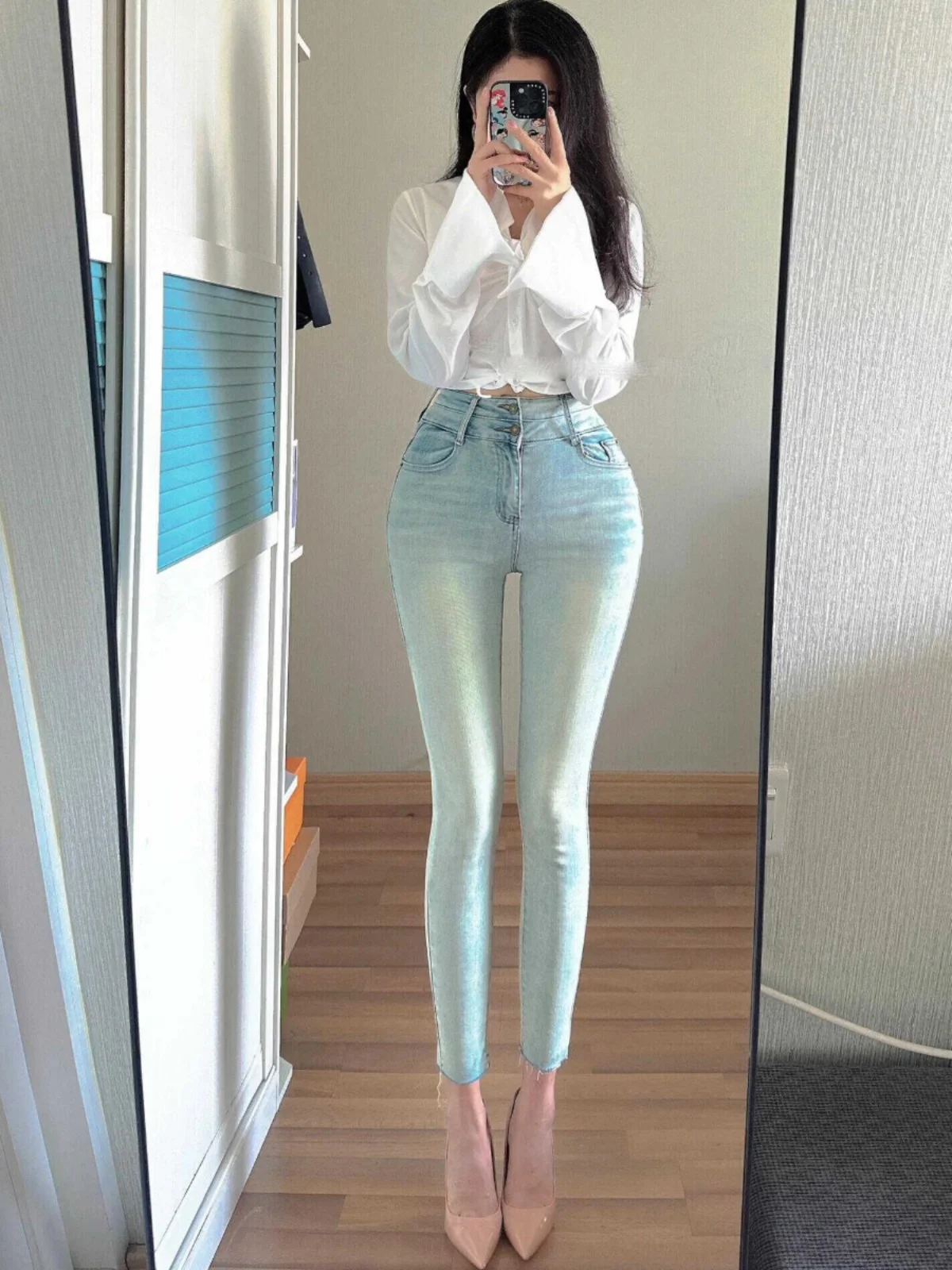 

Women's High Waist Skinny Jeans Elastic Casual Pants with Hip Padding Korean Sle Waist Cinching Nine Point Cotton Stretch D...