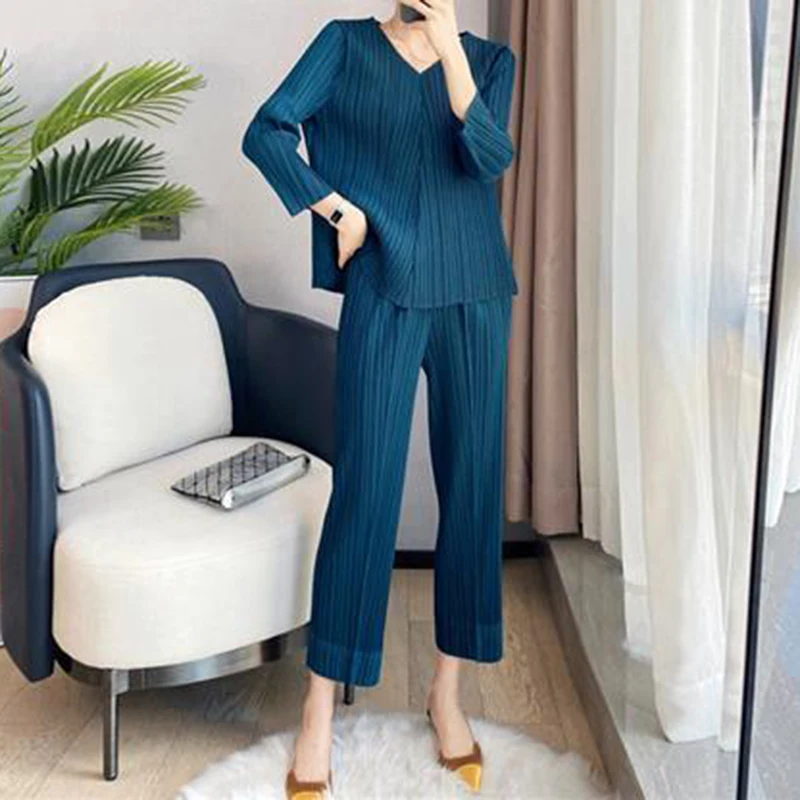 Home Set Pleated Fashion Women's New Loose Top Straight Trouser  two piece set women sexy club