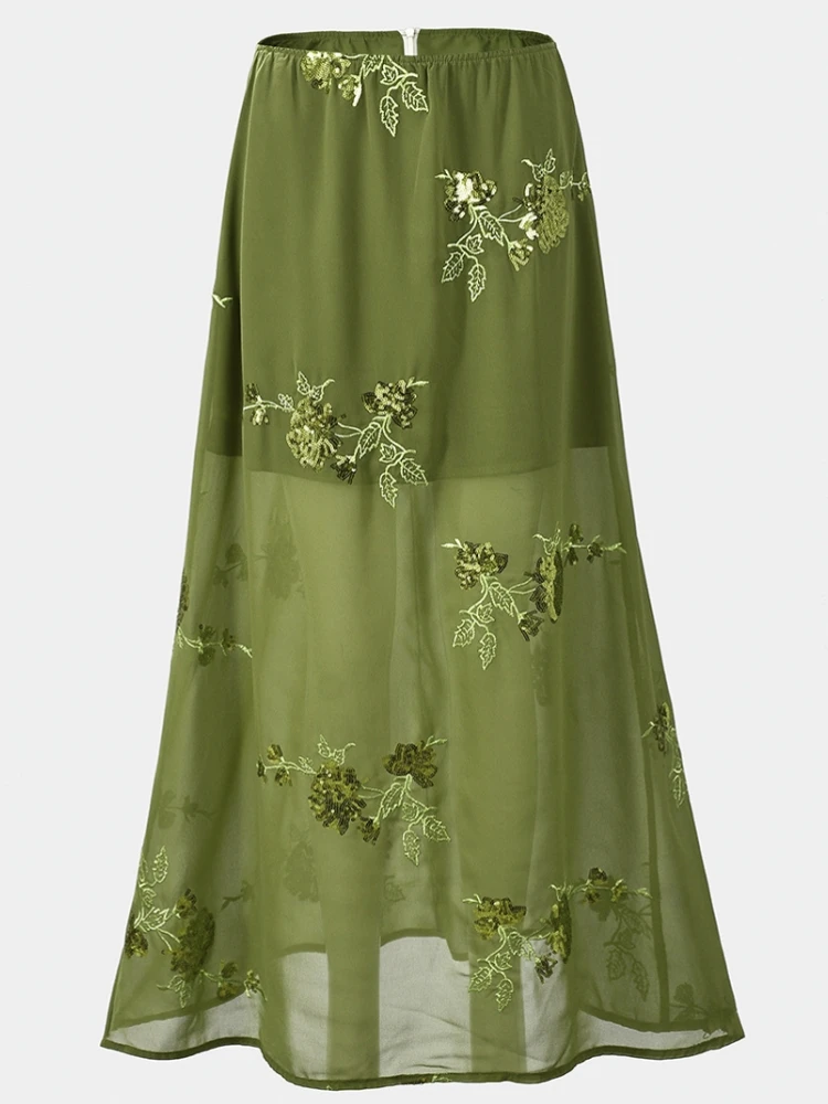 

Sexy Embroidery Sequined Long Skirt Women Solid High Waist Slim Straight Skirts Summer Autumn Lady Chic Beach Vacation Clothes