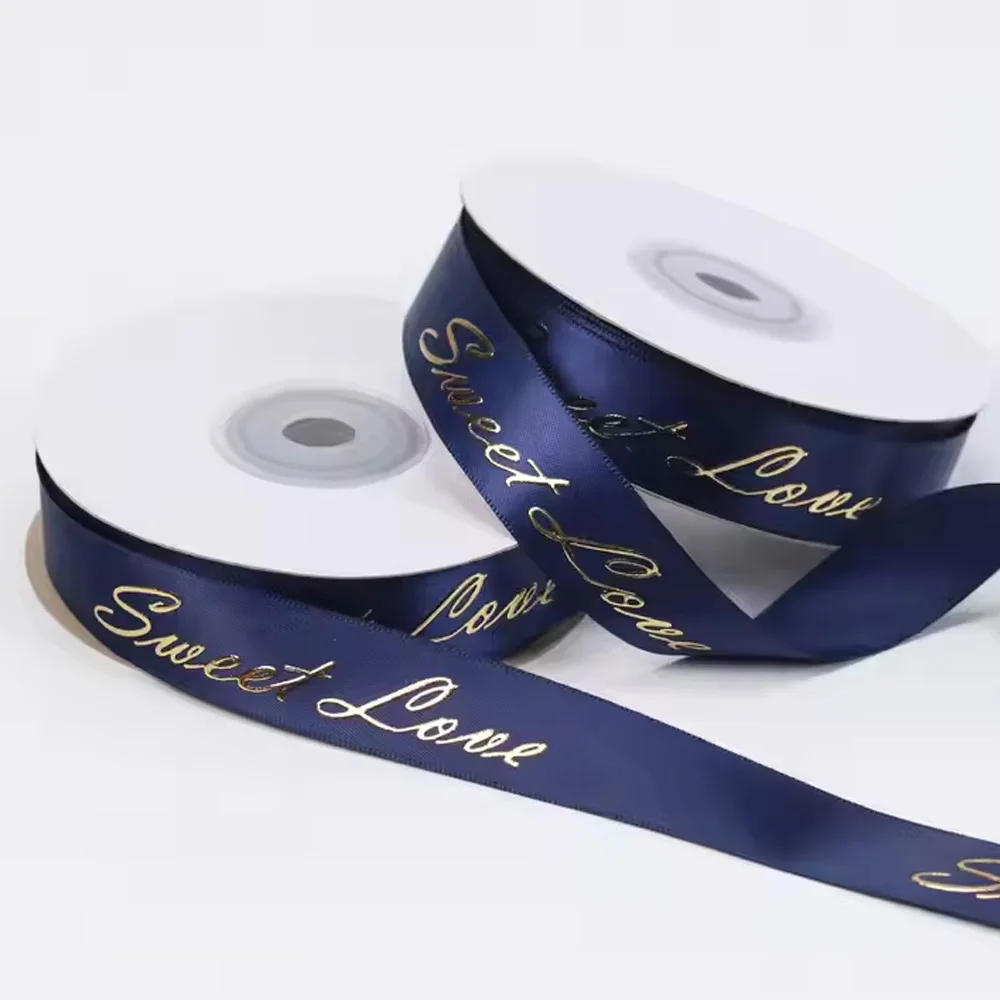 Custom gold / silver foil 3d embossed printed gift polyester satin ribbon with logo Gift Packaging Ribbon Embossed logo ribbon