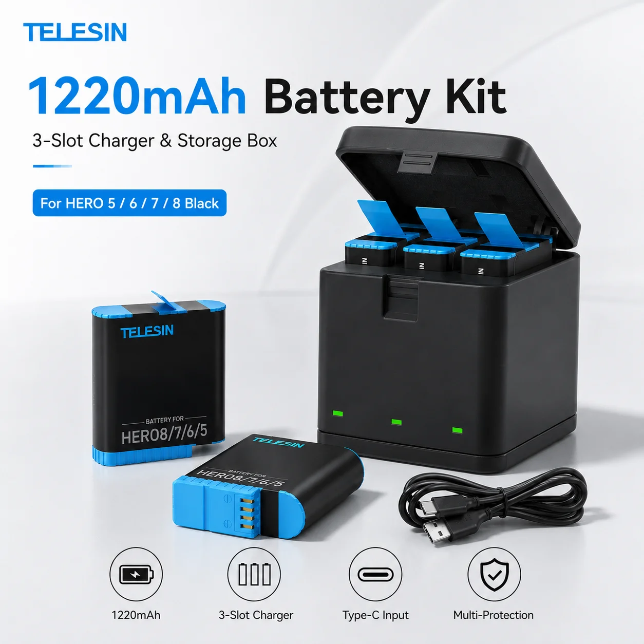 TELESIN 고프로 히어로 5 6 7 8 블랙 카메라용 LED 라이트 배터리 충전기 보관함, C타입 케이블, 3 슬롯, 1220mAh 3 팩 배터리 썸네일 2