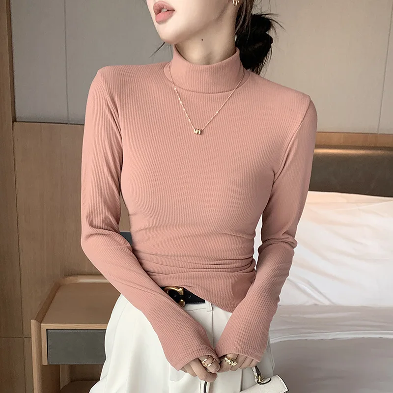 Mock Neck Knit Shirt 2023 Women\'s Autumn Winter Solid Basic Bottoming Sweater Soft Elastic Pullover Warm Solid Slim Fit Top