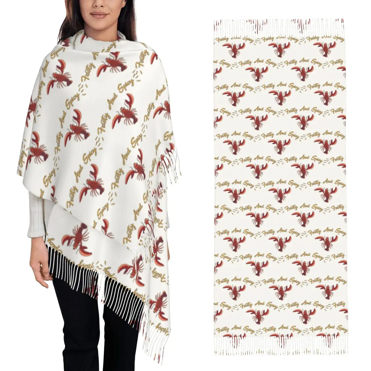 

Feisty And Spicy Red Lobster Crawfish Шарф Шарфы с кисточками для женщин Мягкие теплые шали и накидки Длинная осенне-зимняя шаль