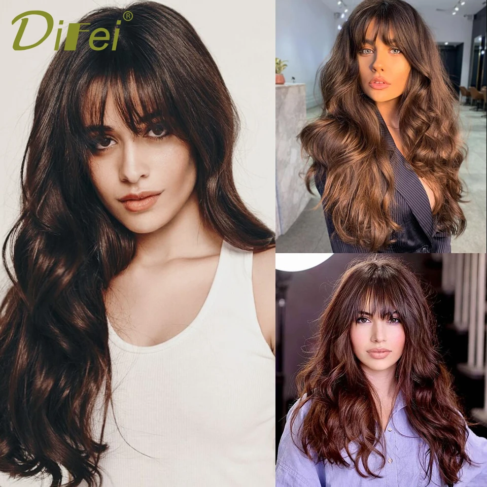 DIFEI Synthetic Long Wavy Hair Topper With Bangs Fake Hair Toupee Replacement Block  3D Air Bangs Hair Clip-In Hair Extension