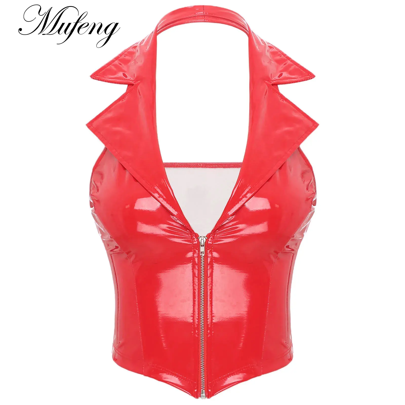 Women's PU Leather Camisole Tops Deep V Neck Vest Tops Rave Clubwear Pole Dancing Glossy Latex Waistcoat Slim Fit Camisole Tops