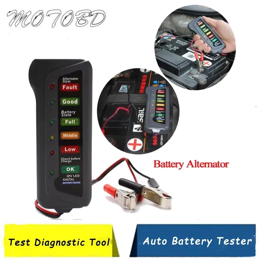 12V Auto Car Digital Battery Tester 6 LED Lights Display Diagnostic Tool for Cars Motorcycle Batteries Battery Indicator
