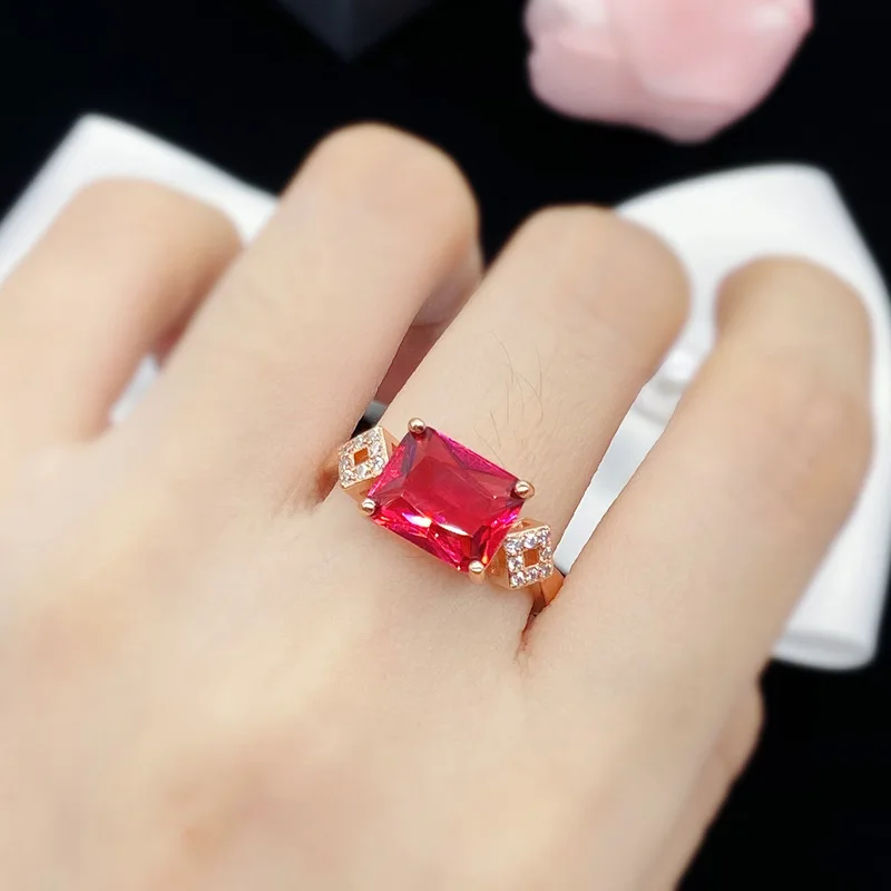 Geometric rectangular simulated ruby ladies' engagement ring - luxurious party fashion jewelry