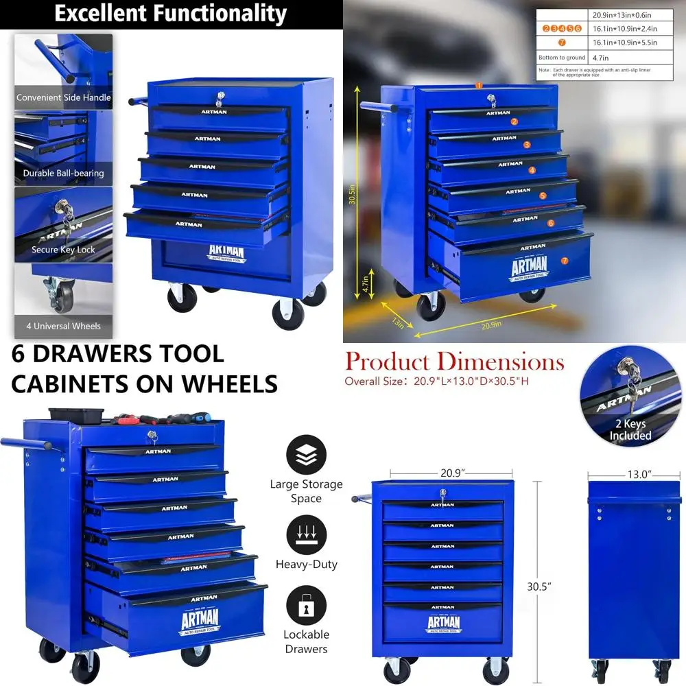 

20 металлических сундуков для инструментов с 6 ящиками и направляющими для шарикоподшипников, черно-синий стальной органайзер для хранения