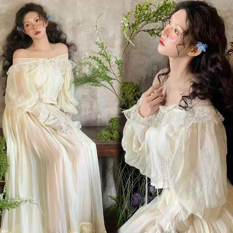 Women Maternity Dress for Photoshoot White Elegant Off-shoulder French Style Lace Pregnancy Dresses for Studio Photography