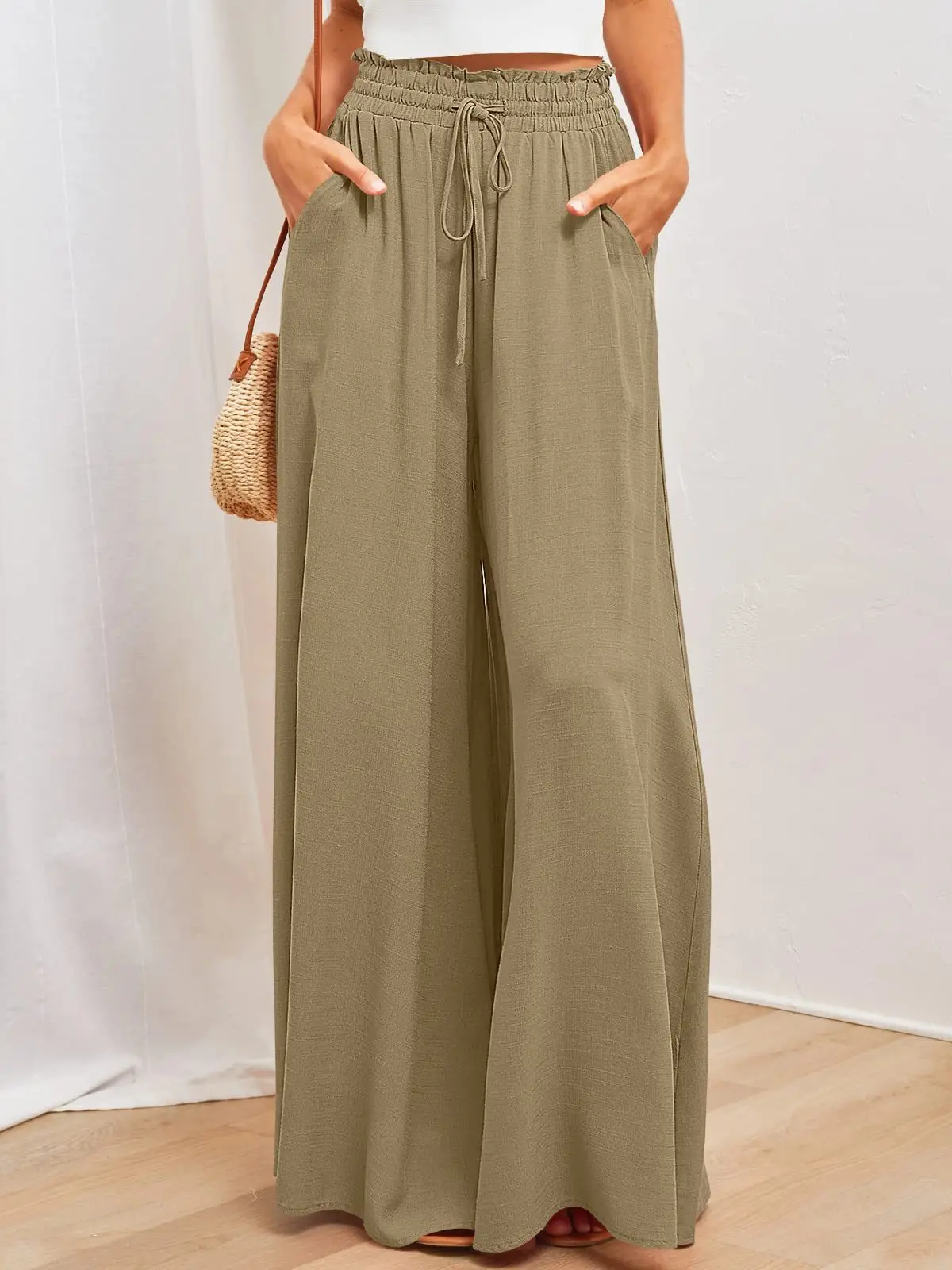 

High Waist Wide Leg Pants for Woman Elastic Drawstring Loose Fit Solid Color Casual Summer Trousers