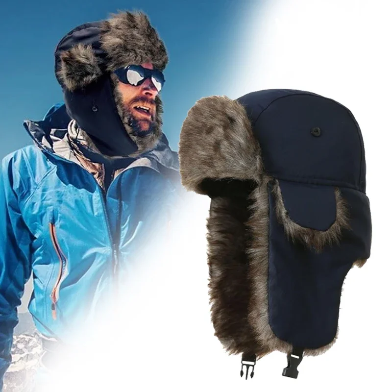 Windproof Winter Hat for Men Warm Soldier Pilot Hat Patrolman Earmuffs Polyester Fiber Russian Ski Hat Cold Weather