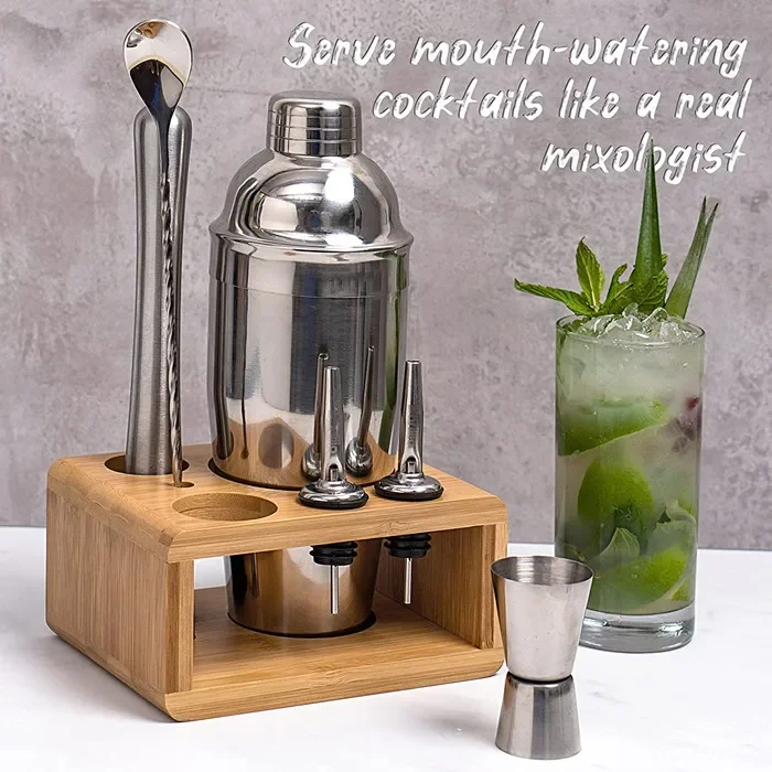 Wholesale Mixology Bartender Kit Cocktail Shaker Set, Drink Mixer with Bar Tools,Bar Tool Sets with Sleek Bamboo Stand