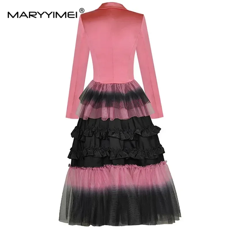 MARYYIMEI ファッション滑走路春スカートスーツ女性シングルボタンピンクショートブレザー + メッシュケーキスカート 2 個セット