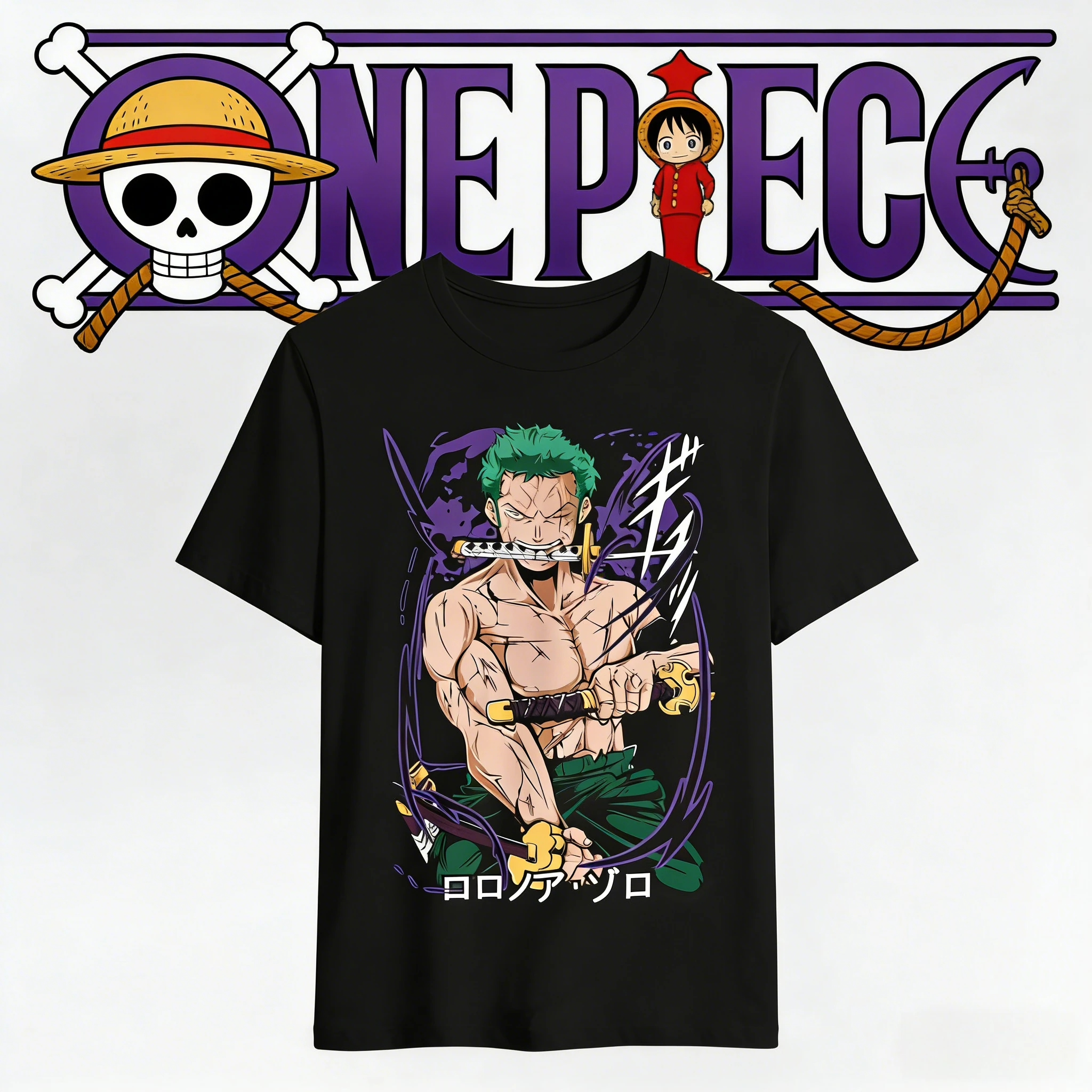 2026 Summer One Piece Roronoa Zoro Print Cotton T-Shirt Vintage Casual Sport Harajuku Top for Anime Fans Adults & Kids Y2k