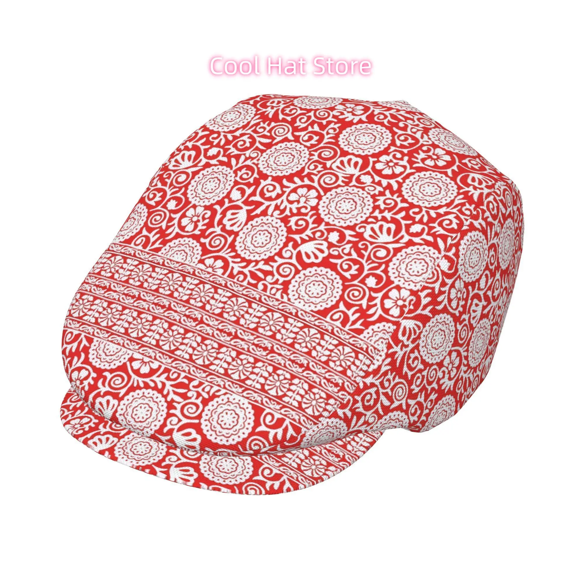 Crimson Scrollwork Motif Unisex Flat-Top Cap, Adjustable Beret, Newsboy Cap, Ivy Caps, Taxi Driver Caps, Irish Capss