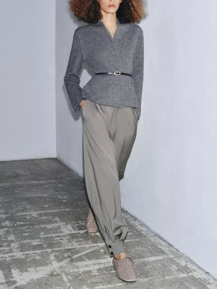 

Новая женская мода в европейском стиле, универсальный темпераментный однотонный свободный повседневный вязаный кардиган с поясом