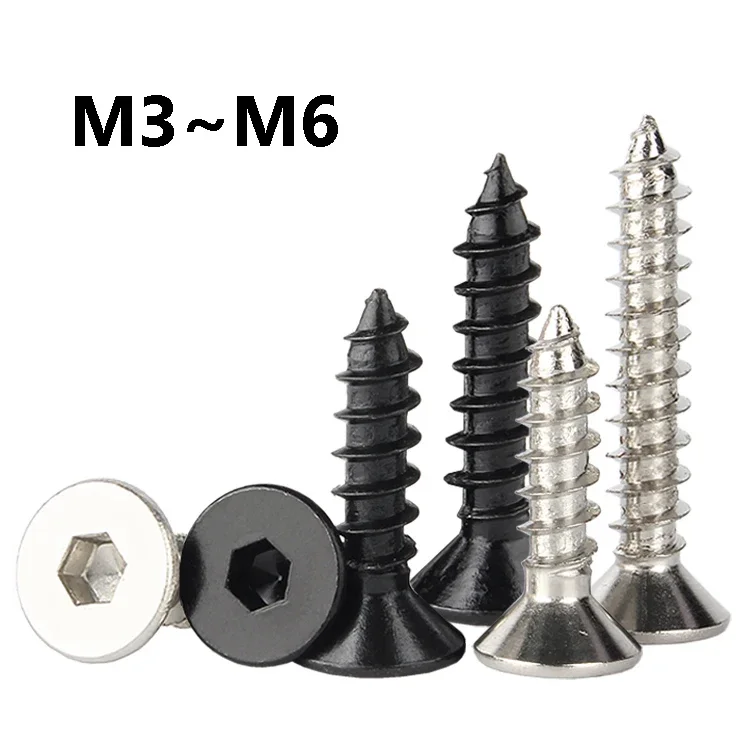 5~50Pcs Hex Socket Flat Head Self Tapping Screw M3 M3.5 M4 M5 M6 Countersunk Head Allen Wood Screw