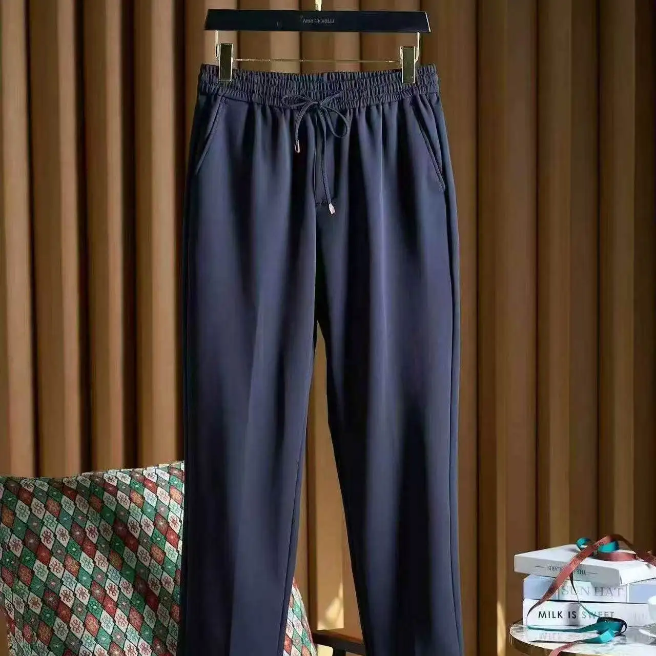 Italy BC old money style men's straight business solid color drawstring breathable casual pants