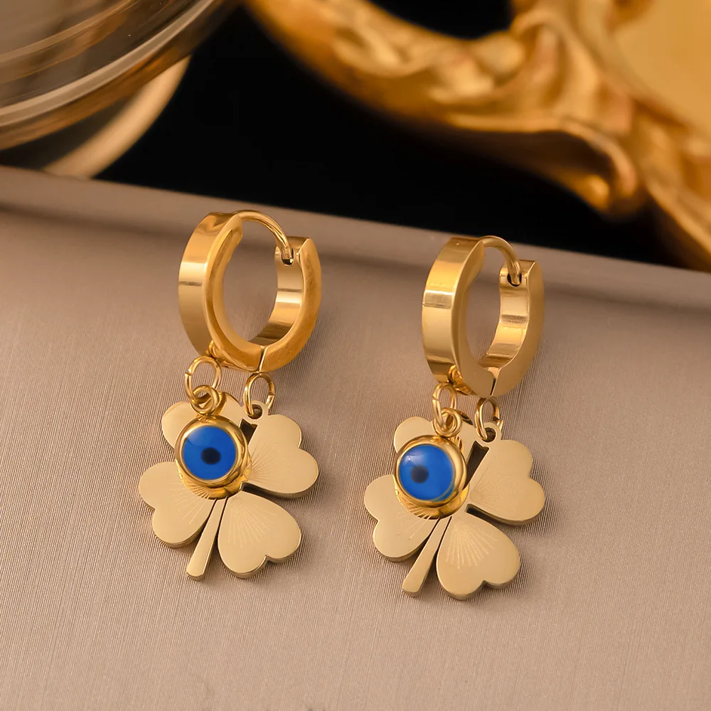 New Blue Eyes Engraved Floral Quatrefoil Flower Pendant Stainless Steel Necklace Earrings for women Jewelry Set