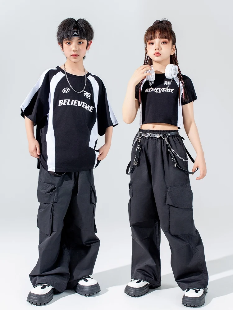 Fato de dança hip hop preto para crianças, mangas curtas, roupas de jazz, calças cargo, roupas de palco, meninas e meninos, BL12960, 2024