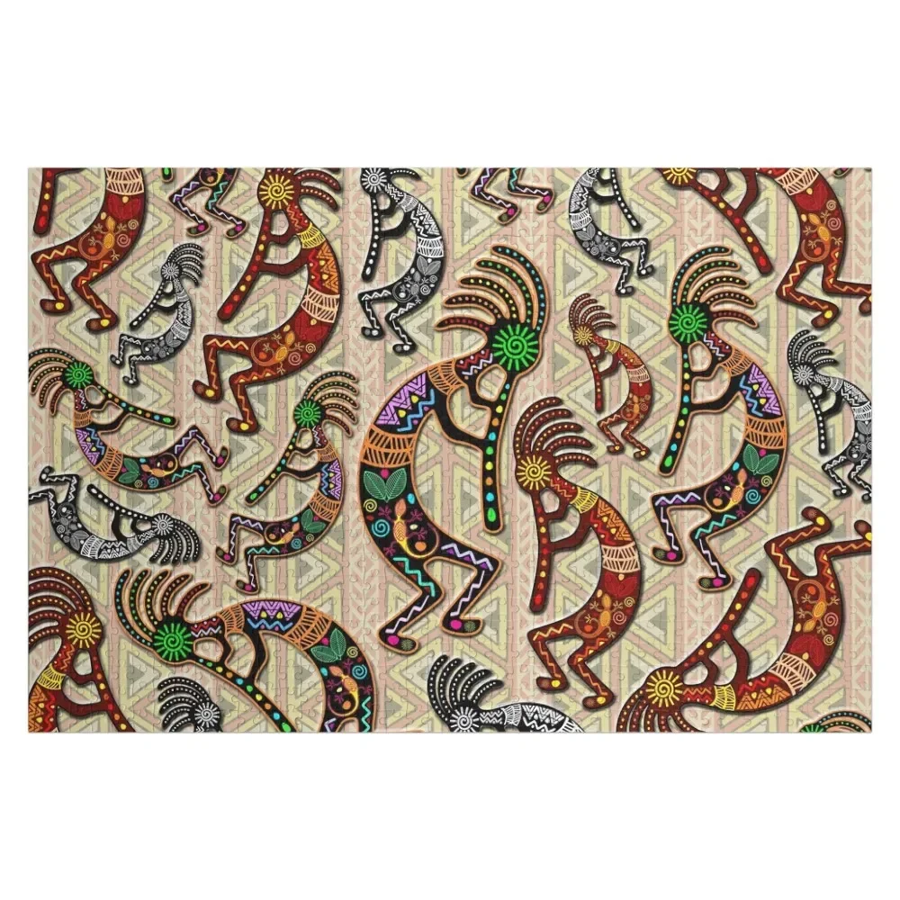 Kokopelli Rainbow Colors on Tribal Pattern Jigsaw Puzzle Personalised Wood Name Custom Gift Custom Gifts Puzzle
