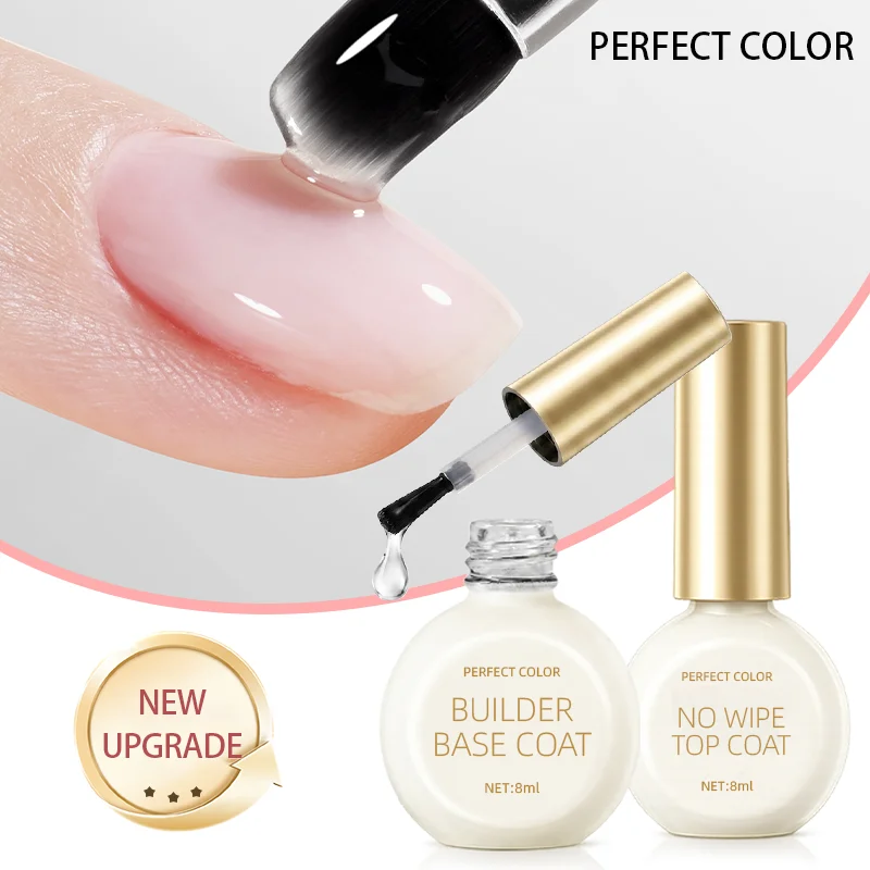 PERFECT COLOR Thin Nail Kit, Strengthening Builder Base Gel & No Wipe Top Coat Set, Reinforce Weak Nails, UV LED Cure Required